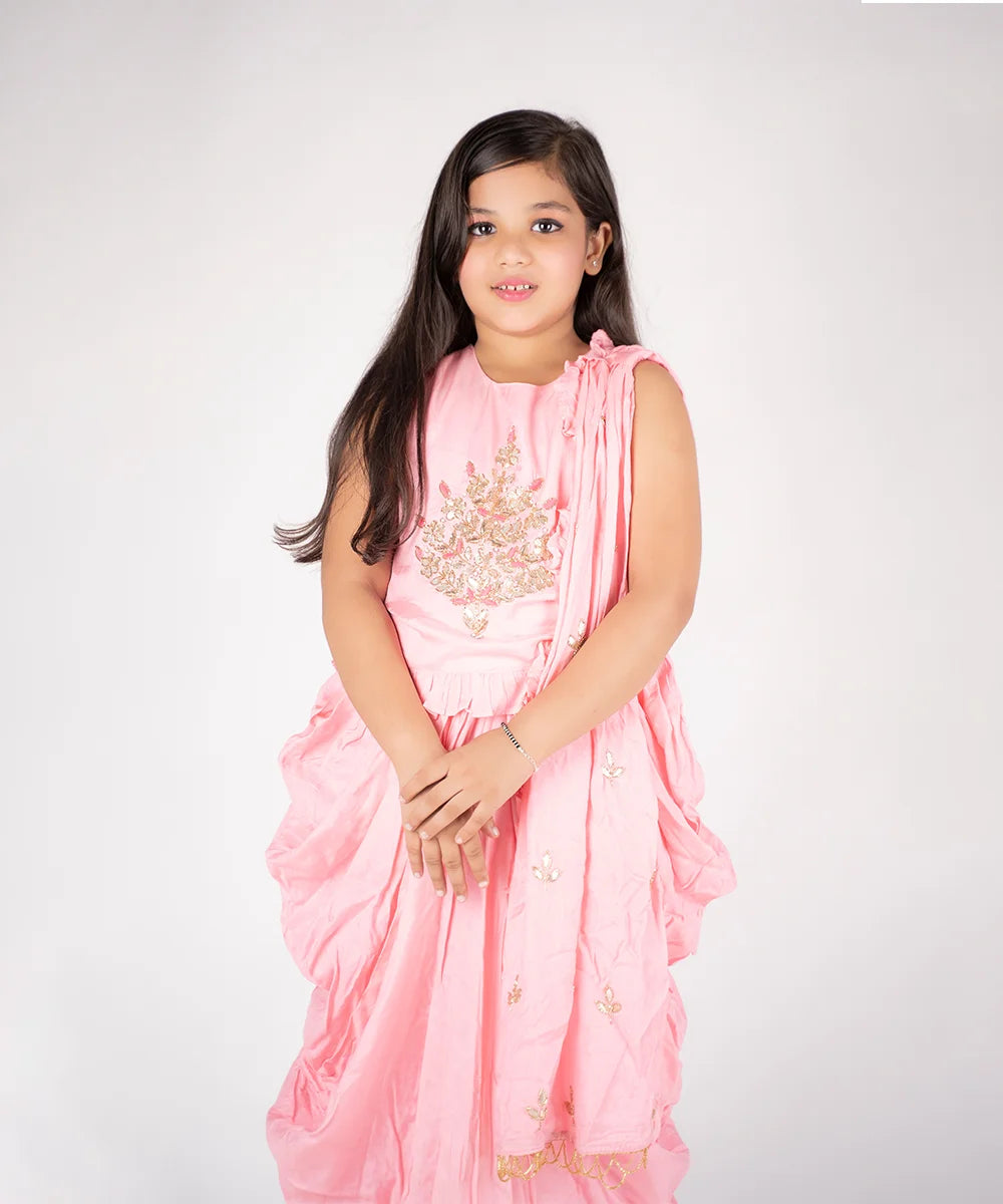 Pink Color Draped Dhoti Set for Party for Girls