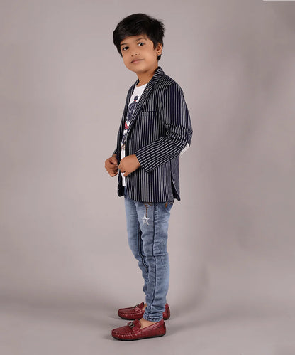Navy Striped Cotton Blend Party Blazer with T-Shirt for Boys