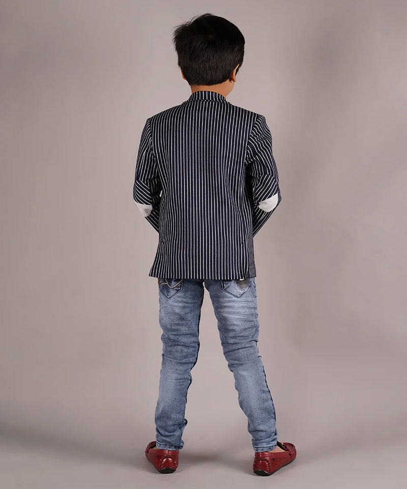 back view of navy striped blazer set for boys 