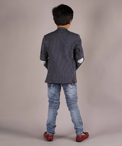 Navy Striped Cotton Blend Party Blazer with T-Shirt for Boys
