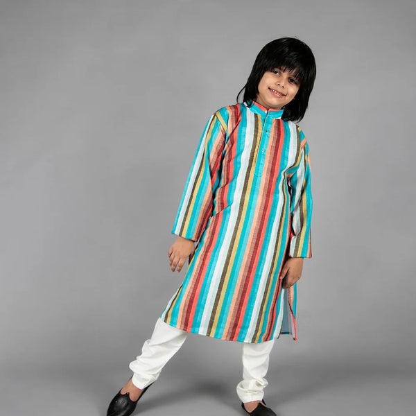 Multi-color Striped Kurta with Cream Pyjama for Haldi / Mehndi