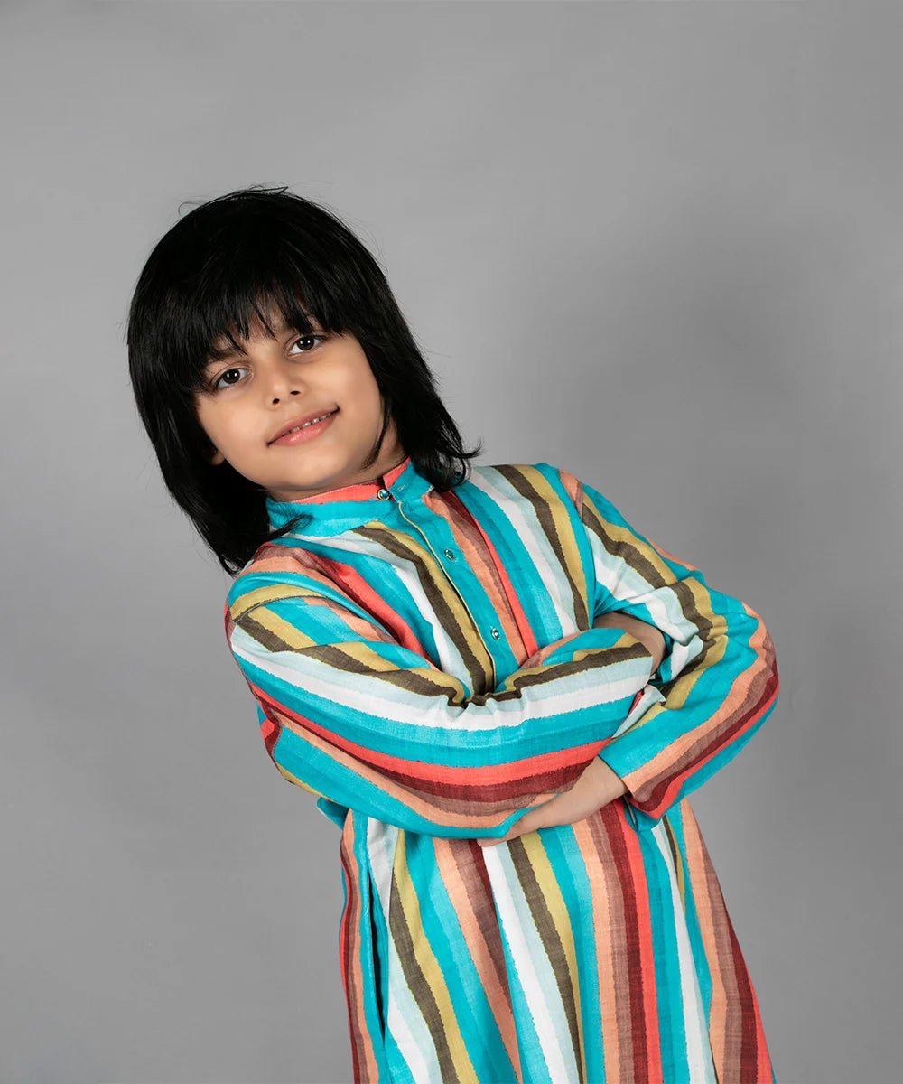 Multi-color Striped Kurta with Cream Pyjama for Haldi / Mehndi