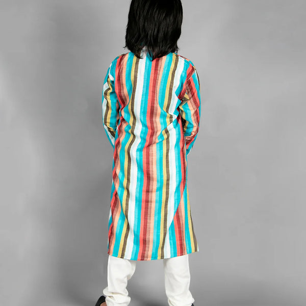 back view of multicolour striped kurta set for boys 