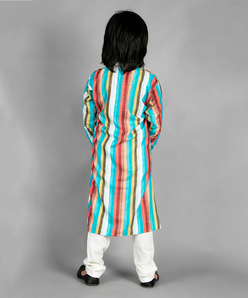 back view of multicolour striped kurta set for boys 
