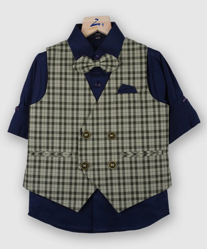 It comes with a navy blue Colored cotton shirt, a matching pocket square, Mehndi green Colored self-checked waist coat, matching checked bow and Pants.