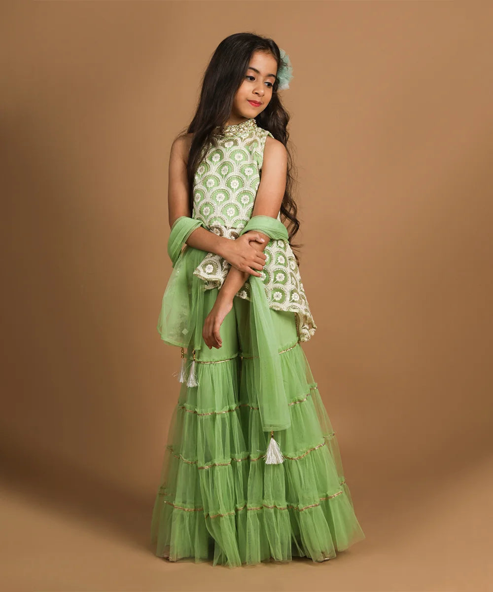 This Pista green party dress consist of a short high-low style embroidered kurta that comes with a back zip closure, a sharara and a dupatta. It features embellished neck, lace on sharara and tassel on dupatta.