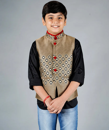Beige Cotton Jute Fabric Waist Coat Set for 10 Year Old Boy