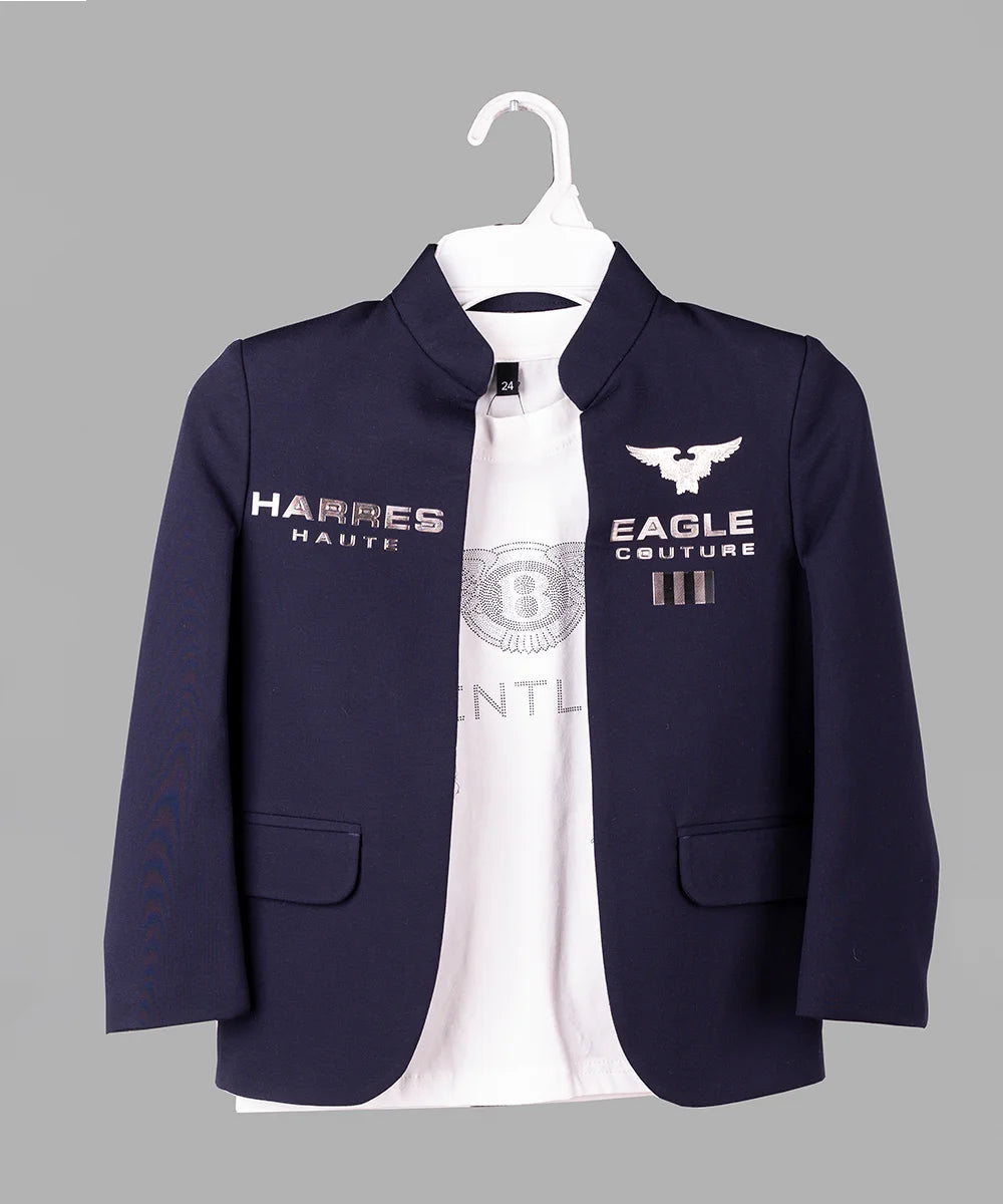 It is a navy blue color jacket with fancy white round neck t-shirt for boys. This jacket comes with stylish inscriptions hence making it a wonderful option for a boy