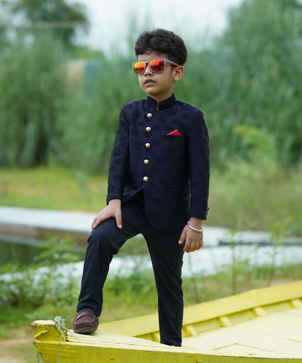 Pre-Order: Navy Self Jacquard Design Jodhpuri Suit for  Boys