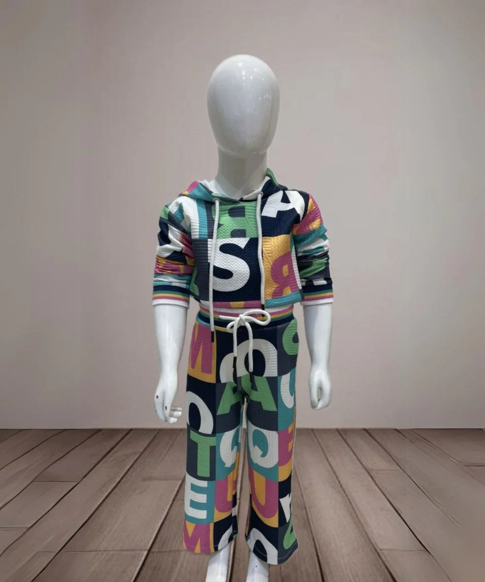 This Outfit consists of a multicoloured printed top and pants with a tie-string. The top comes with a hoddie.
