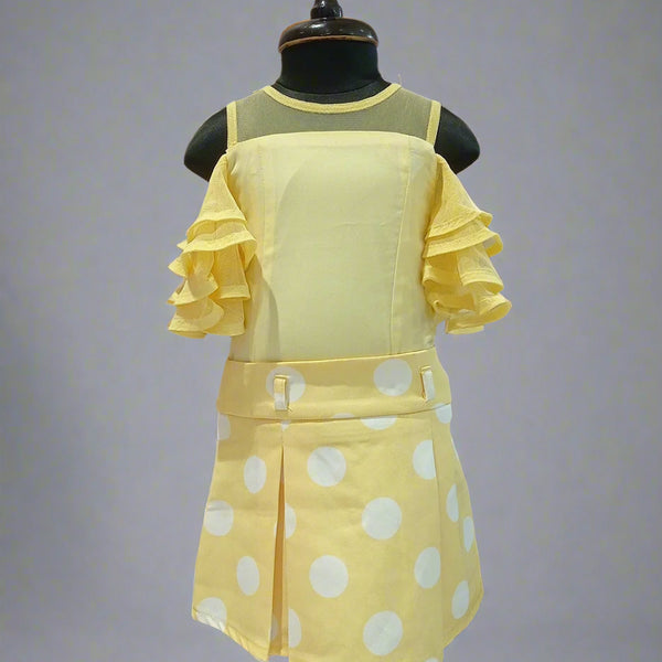 This outfit consists of a top and a Polka dotted box pleat skirt. It has net layer sleeves and zip closure on the top and skirt.