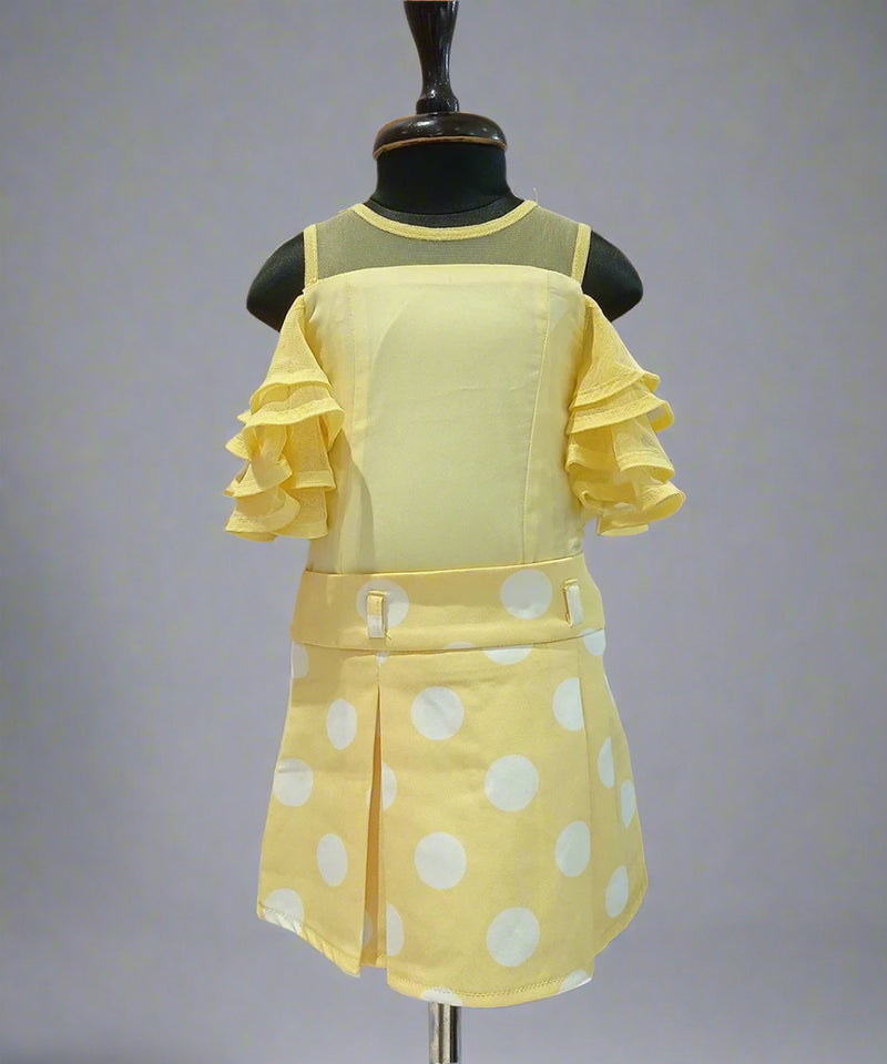 This outfit consists of a top and a Polka dotted box pleat skirt. It has net layer sleeves and zip closure on the top and skirt.