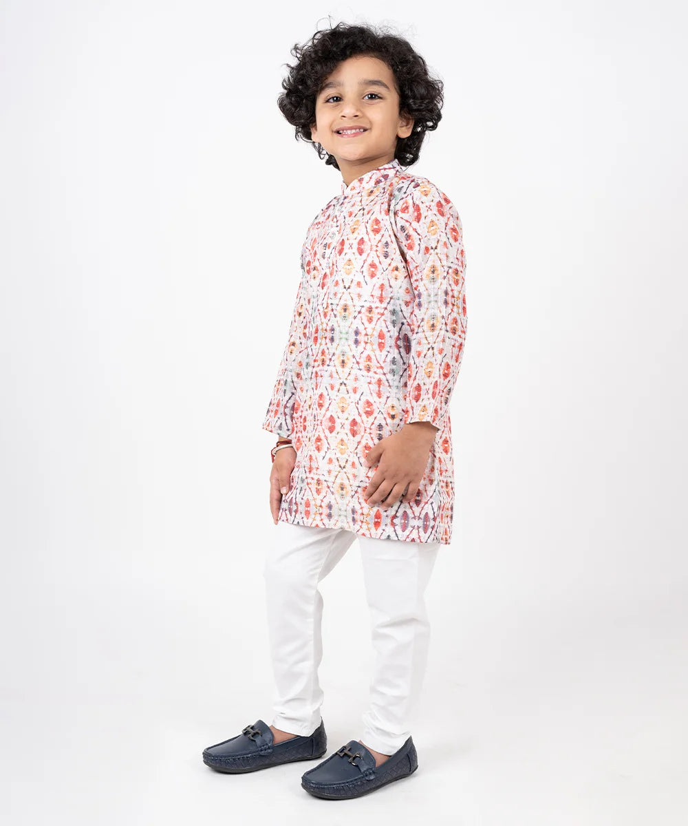 Multi Colored Patola Printed Cotton Kurta Pyjama Set for Boys