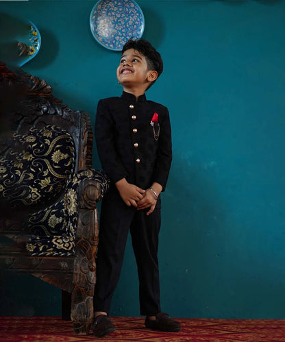 Pre-Order: Black Self Jacquard Design Jodhpuri Suit for Boys