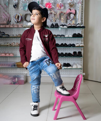 Maroon Color Jacket with Fancy White T-Shirt for Boys