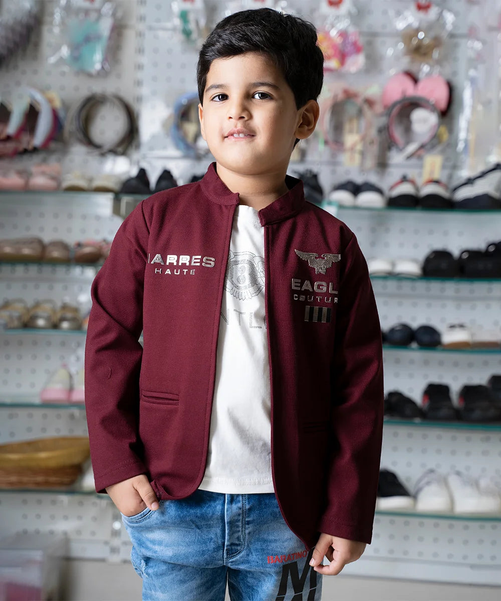 Maroon Color Jacket with Fancy White T-Shirt for Boys