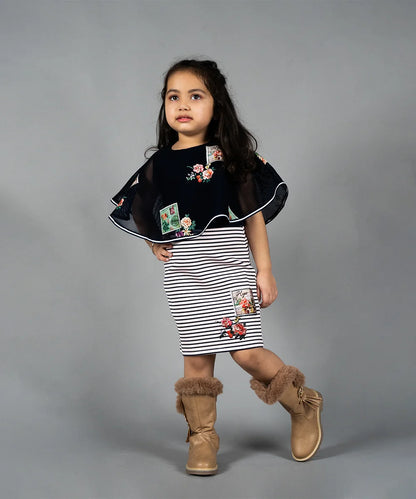 Navy Blue Colored Striped Party Dress for Girls