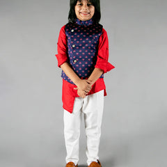 It is a beautiful navy printed Jacket with solid red asymmetric Kurta and White Pajama for boys. It consists of a full sleeved Kurta with a sleeveless Jacket along with a matching Salwar.