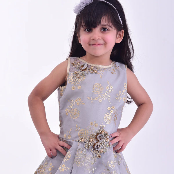 closeup for printed grey full length gown for girls 