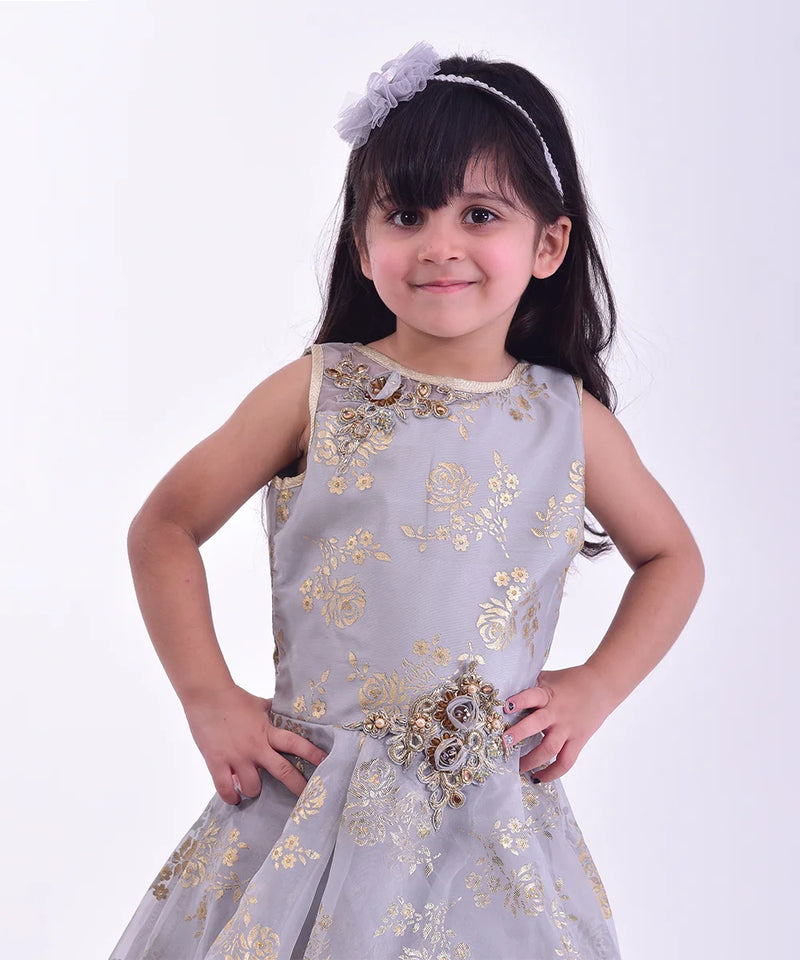 closeup for printed grey full length gown for girls 