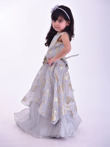 wedding wear printed grey full length gown for girls 