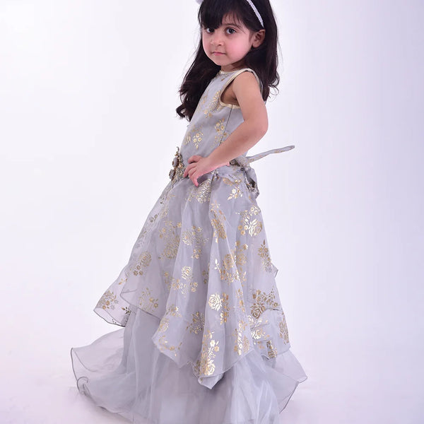 wedding wear printed grey full length gown for girls 