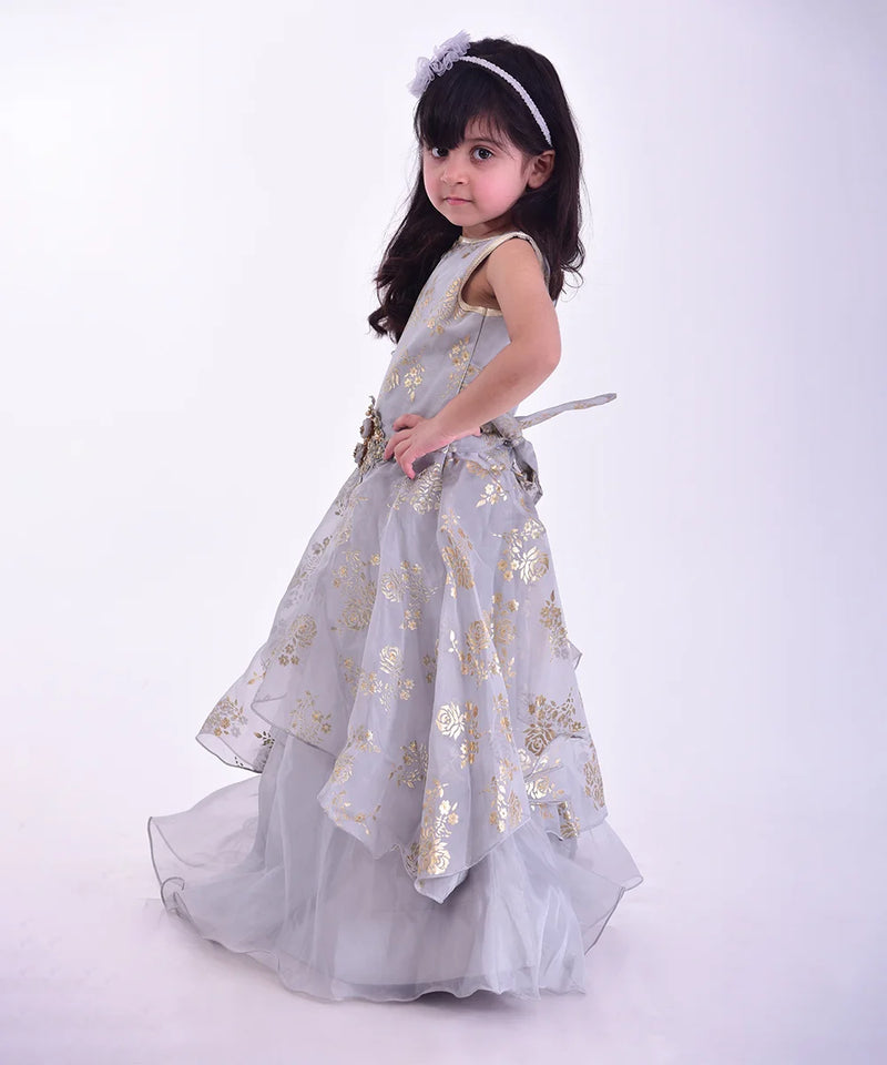 wedding wear printed grey full length gown for girls 