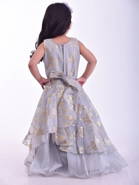 back view of printed grey full length gown for girls 