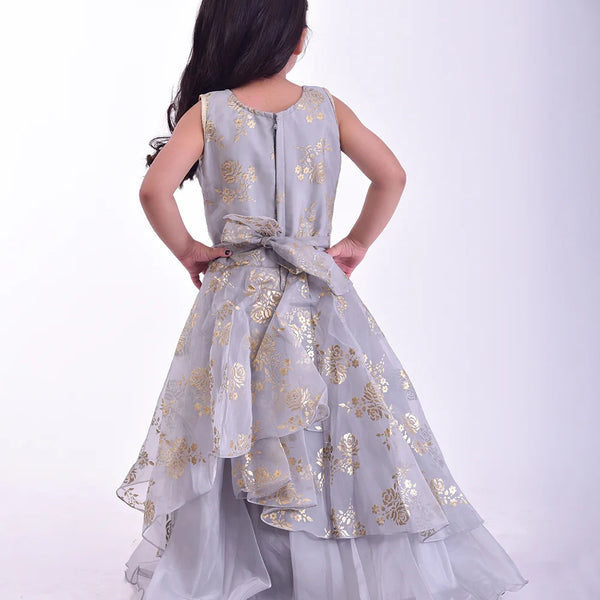 back view of printed grey full length gown for girls 