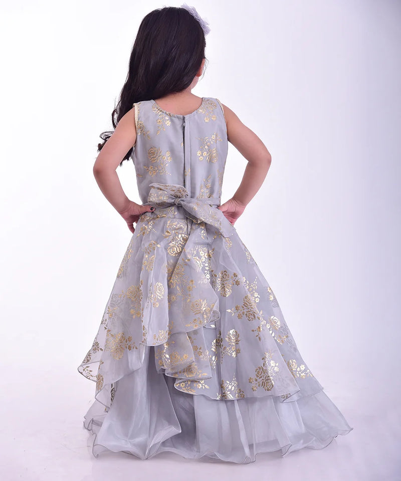 back view of printed grey full length gown for girls 