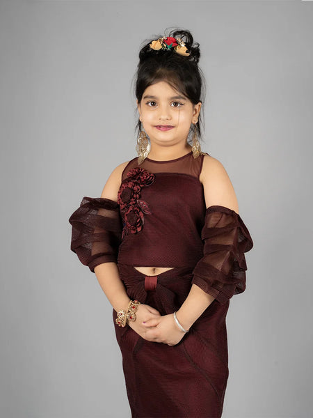 maroon shimmery party wear dress for girls 