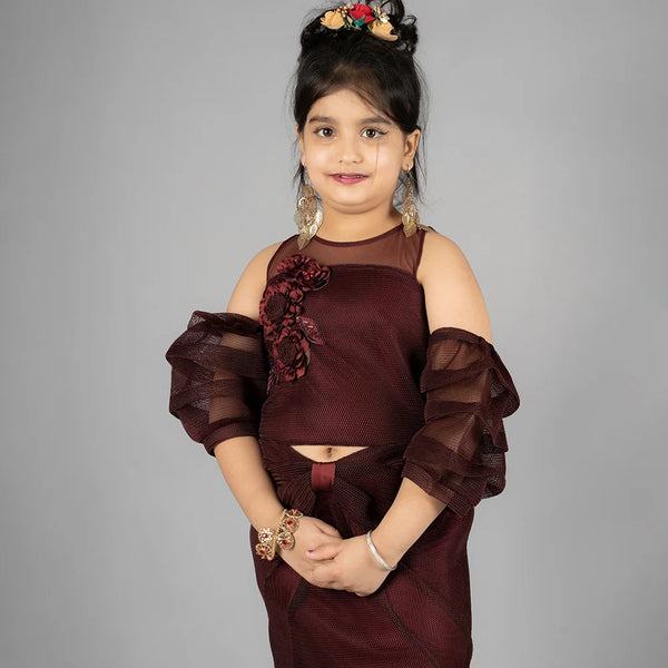 maroon shimmery party wear dress for girls 