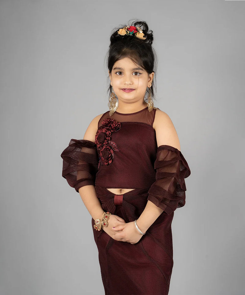 maroon shimmery party wear dress for girls 