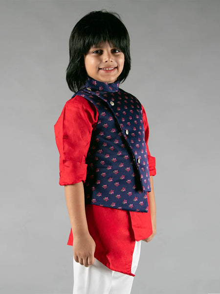 wedding wear red & blue jacket kurta set for boys 