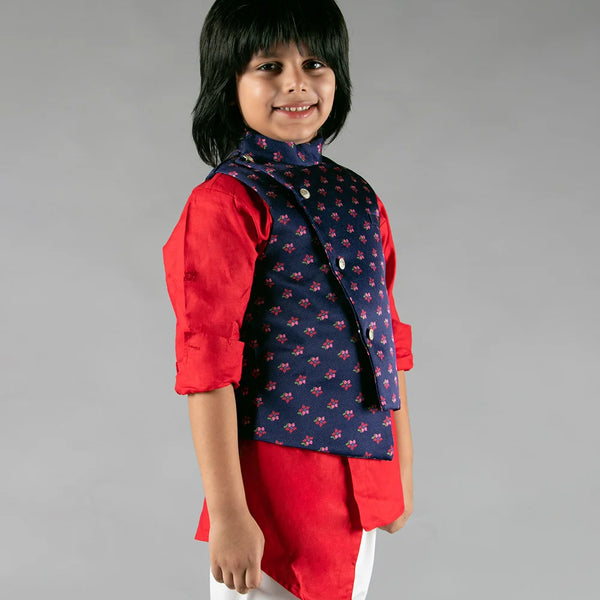 wedding wear red & blue jacket kurta set for boys 