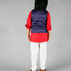 back view of red & blue jacket kurta set for boys 