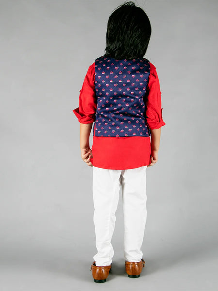 back view of red & blue jacket kurta set for boys 