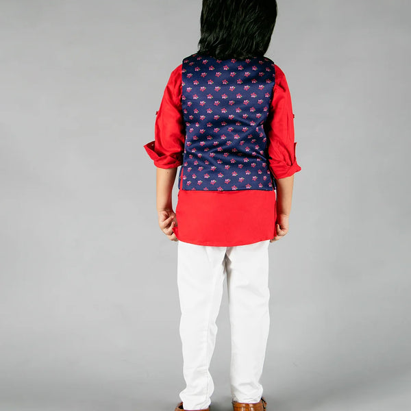 back view of red & blue jacket kurta set for boys 
