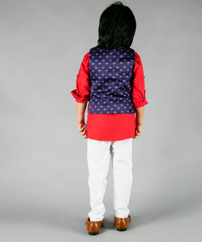 Navy Printed Jacket with Red Plain Kurta & White Pyjama for Party