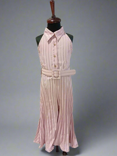 It is a pink-colored self-striped jumpsuit for girls perfect for summer days. It comes with a matching self-striped belt.