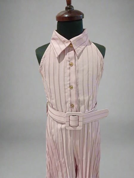 Light Pink Colored Striped Jumpsuit with Belt for Girl