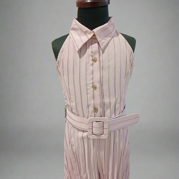 Light Pink Colored Striped Jumpsuit with Belt for Girl