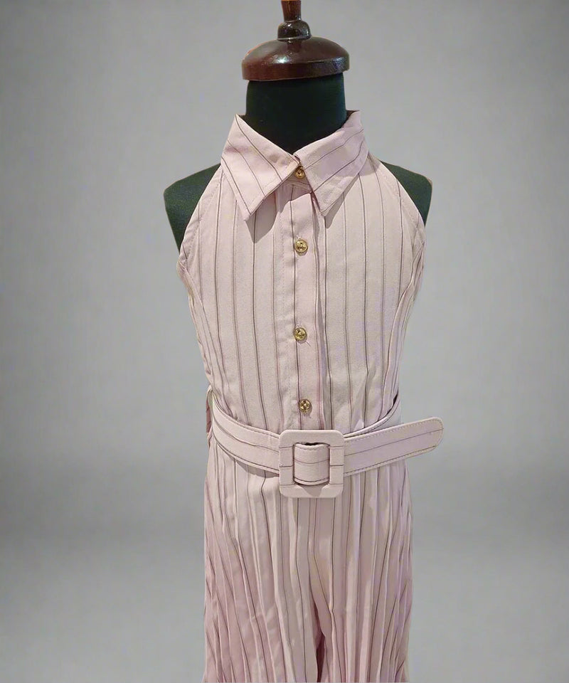 Light Pink Colored Striped Jumpsuit with Belt for Girl