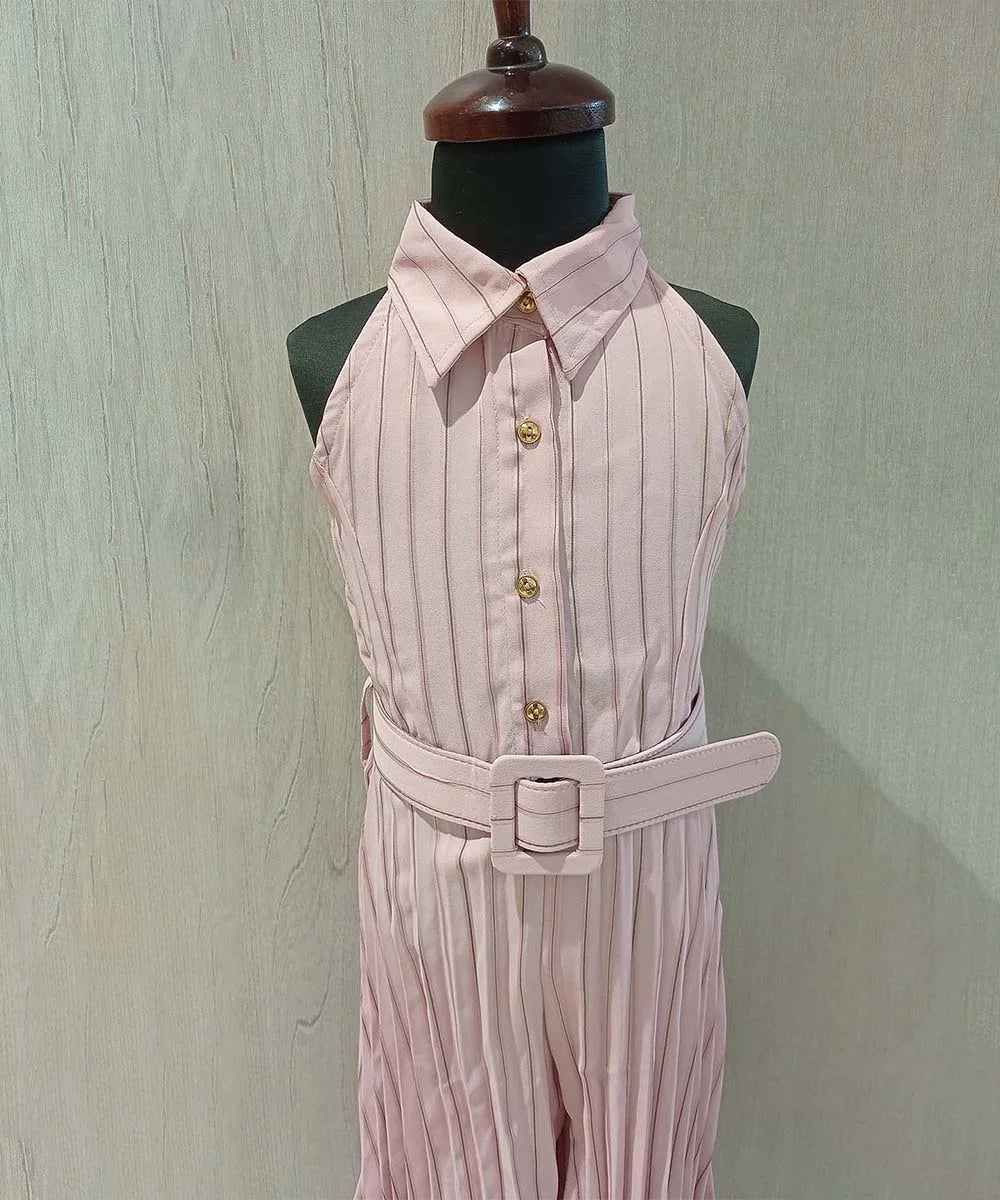 Light Pink Colored Striped Jumpsuit with Belt for Girl