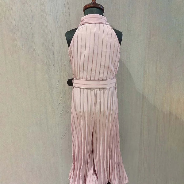 Light Pink Colored Striped Jumpsuit with Belt for Girl