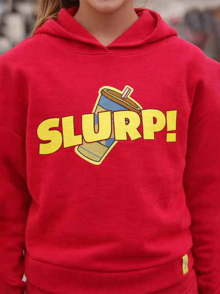Red hoodie with 'SLURP!' design on a blurred background