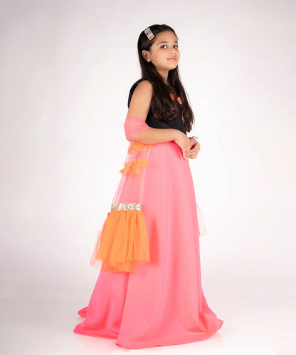Black and Neon Pink Colored Lehenga Set for 7 Year Girl