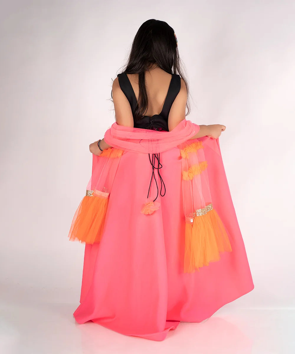 Black and Neon Pink Colored Lehenga Set for 7 Year Girl