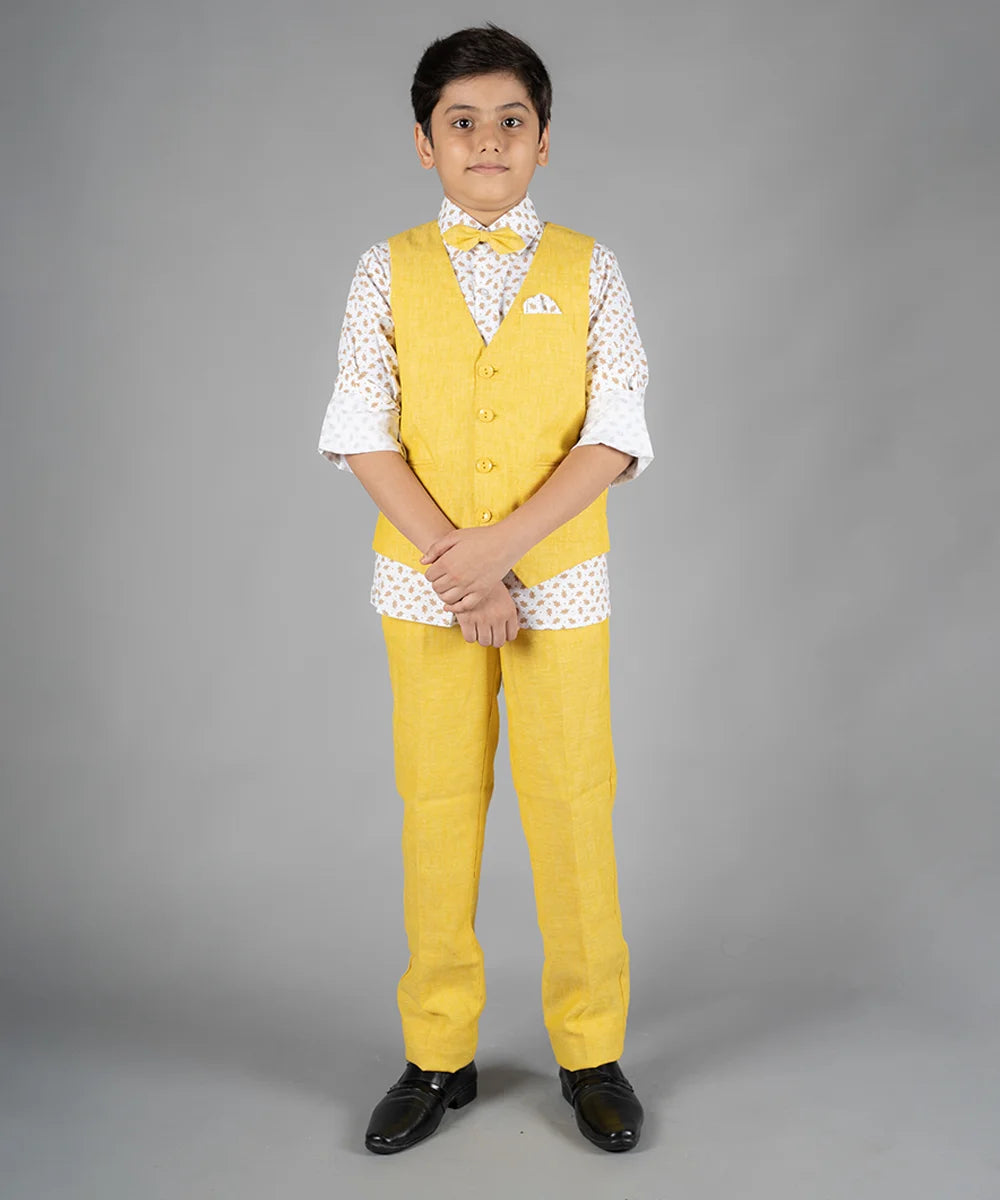 Lemon Yellow colored party wear waist coat set for 10 Year boy