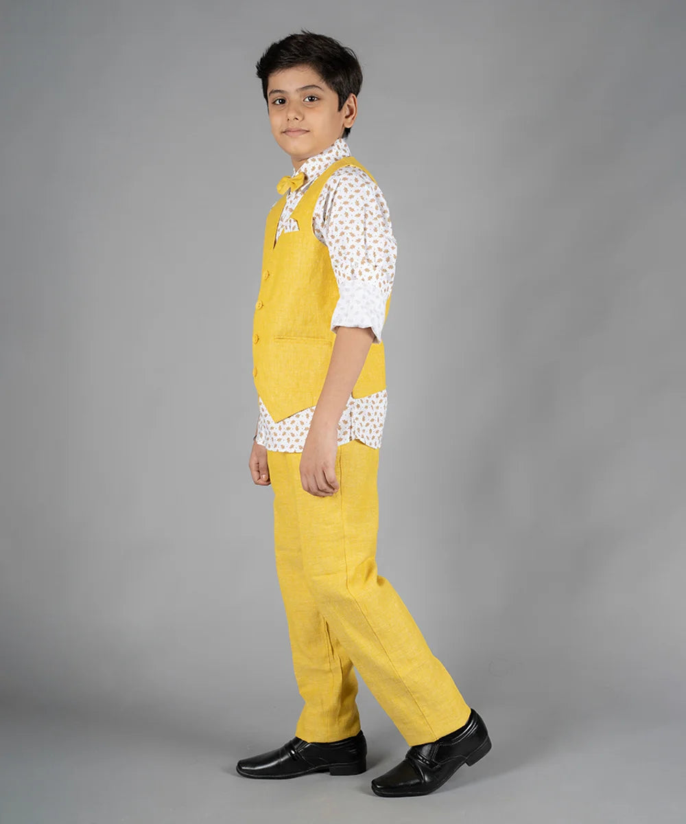 Lemon Yellow colored party wear waist coat set for 10 Year boy